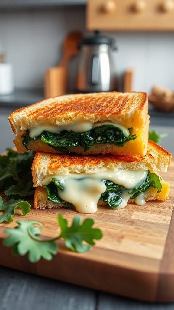 A crispy grilled cheese sandwich with spinach, sliced in half on a cutting board with mixed greens.